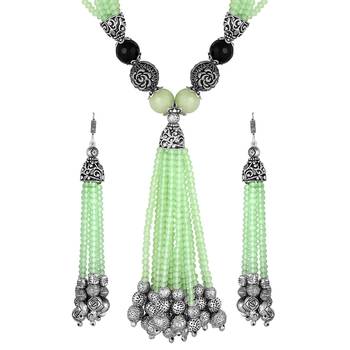 Party Wear Silver Plated Opera Style Green Beads Necklace Set For Women 2