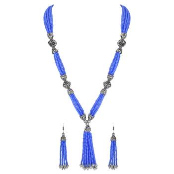Fashionable Silver Plated Opera Style Bule Beads Necklace Set For Women 1