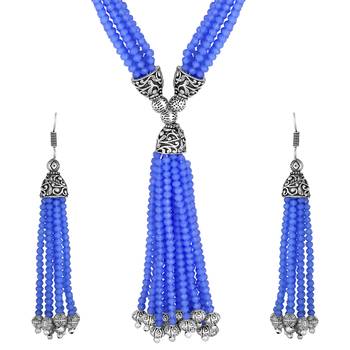 Fashionable Silver Plated Opera Style Bule Beads Necklace Set For Women 2