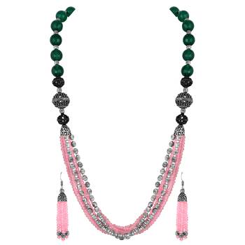 Fancy Party Wear Silver Plated Pink Beads Necklace Set For Women 1