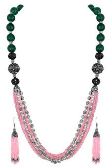 Fancy Party Wear Silver Plated Pink Beads Necklace Set For Women