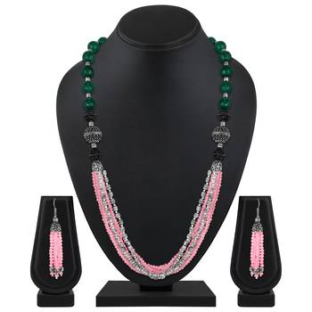 Fancy Party Wear Silver Plated Pink Beads Necklace Set For Women 2
