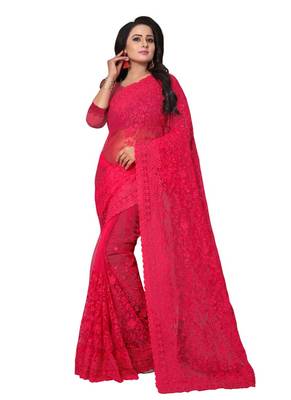 Dark pink embroidered net saree with blouse 1