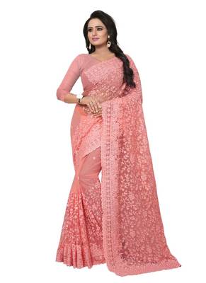 Pink embroidered net saree with blouse 1