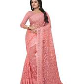 Pink embroidered net saree with blouse