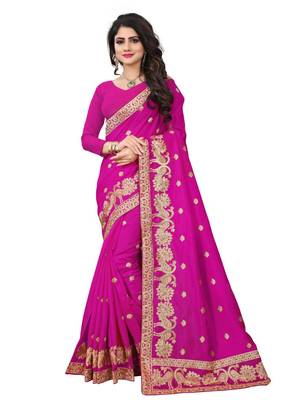 Rani pink embroidered art silk saree with blouse 1
