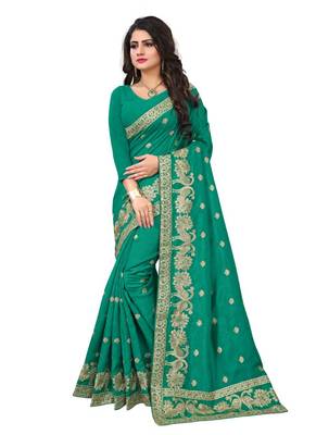 Sea green embroidered art silk saree with blouse 1