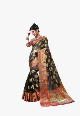Black woven art silk saree with blouse 1