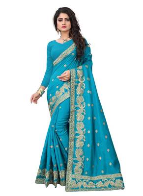 Blue embroidered art silk saree with blouse 1