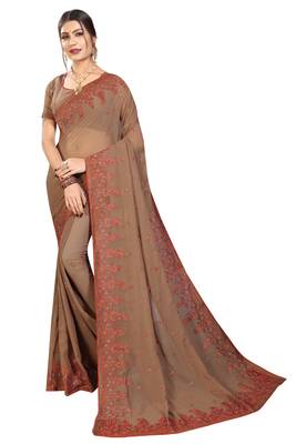 Brown embroidered georgette saree with blouse 1