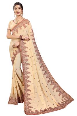 Cream embroidered georgette saree with blouse 1