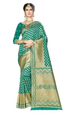 Green woven art silk saree with blouse 1