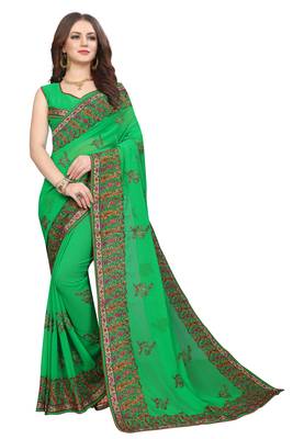 Green embroidered georgette saree with blouse 1