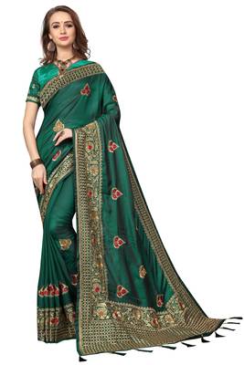 Green embroidered silk blend saree with blouse 1