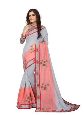 Grey embroidered cotton silk saree with blouse 1