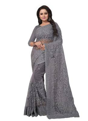 Grey embroidered net saree with blouse 1