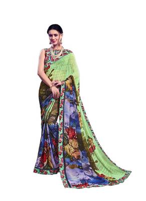 Light green printed georgette saree with blouse 1