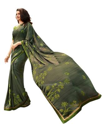 Green printed georgette saree with blouse 1