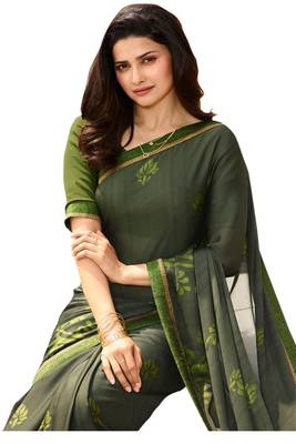 Green printed georgette saree with blouse 2