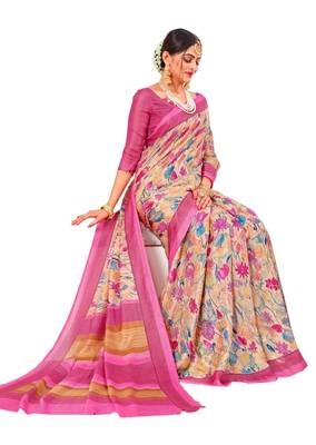 Multicolor printed linen saree with blouse 1