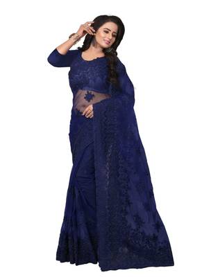 Navy blue embroidered net saree with blouse 1
