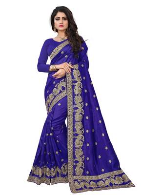 Navy blue embroidered art silk saree with blouse 1