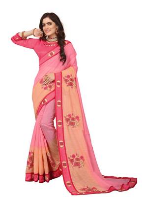Pink embroidered cotton silk saree with blouse 1