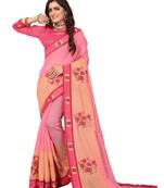 Pink embroidered cotton silk saree with blouse