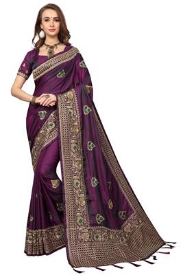Purple embroidered silk blend saree with blouse 1
