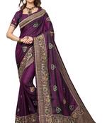 Purple embroidered silk blend saree with blouse
