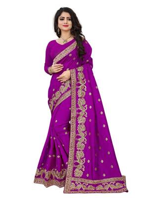 Purple embroidered art silk saree with blouse 1
