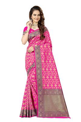 Rani pink woven art silk saree with blouse 1