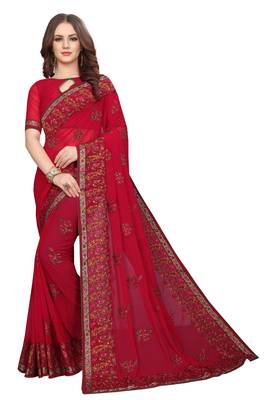 Red embroidered georgette saree with blouse 1