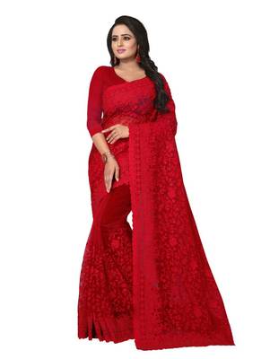 Red embroidered net saree with blouse 1