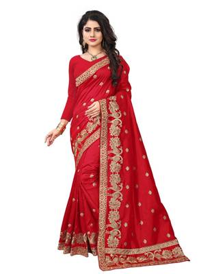 Red embroidered art silk saree with blouse 1