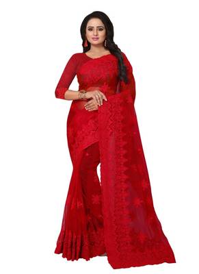 Red embroidered net saree with blouse 1