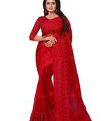 Red embroidered net saree with blouse