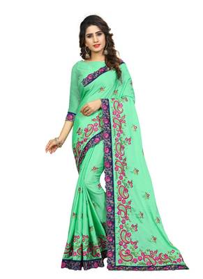 Sea green embroidered chiffon saree with blouse 1
