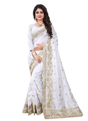 White embroidered art silk saree with blouse 1