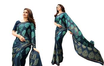 Blue printed Georgette sari with blouse 2