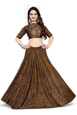 Mustard foilage print art silk stitched lehenga 1
