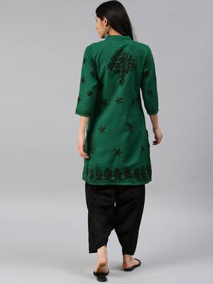 Dark-green hand woven cotton chikankari-kurtis 2