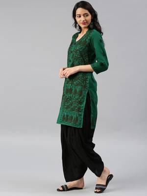 Dark-green hand woven cotton chikankari-kurtis 3