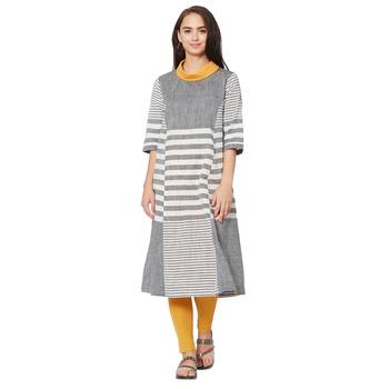 Women's Grey Striped A-line Handloom Kurti 1