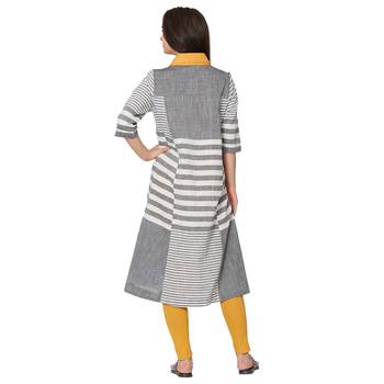 Women's Grey Striped A-line Handloom Kurti 2