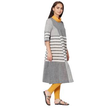 Women's Grey Striped A-line Handloom Kurti 3