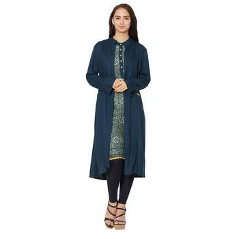 Women's Navy Cotton Printed A-line Kurti 1