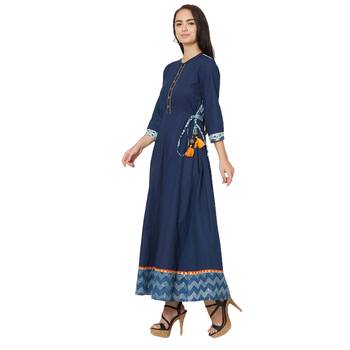 Women's Blue Cotton Solid A-line Kurti 3