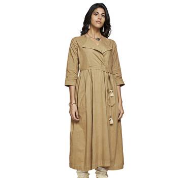 Women's Solid Beige Cotton Calf Length A-line Kurti 1
