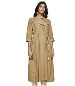 Women's Solid Beige Cotton Calf Length A-line Kurti